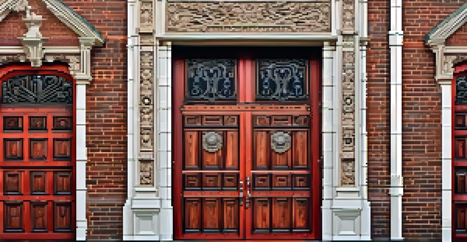 A close-up of ornate wooden doors of a historic Sacramento firehouse, showcasing intricate carvings and heavy iron hardware against a red brick background.