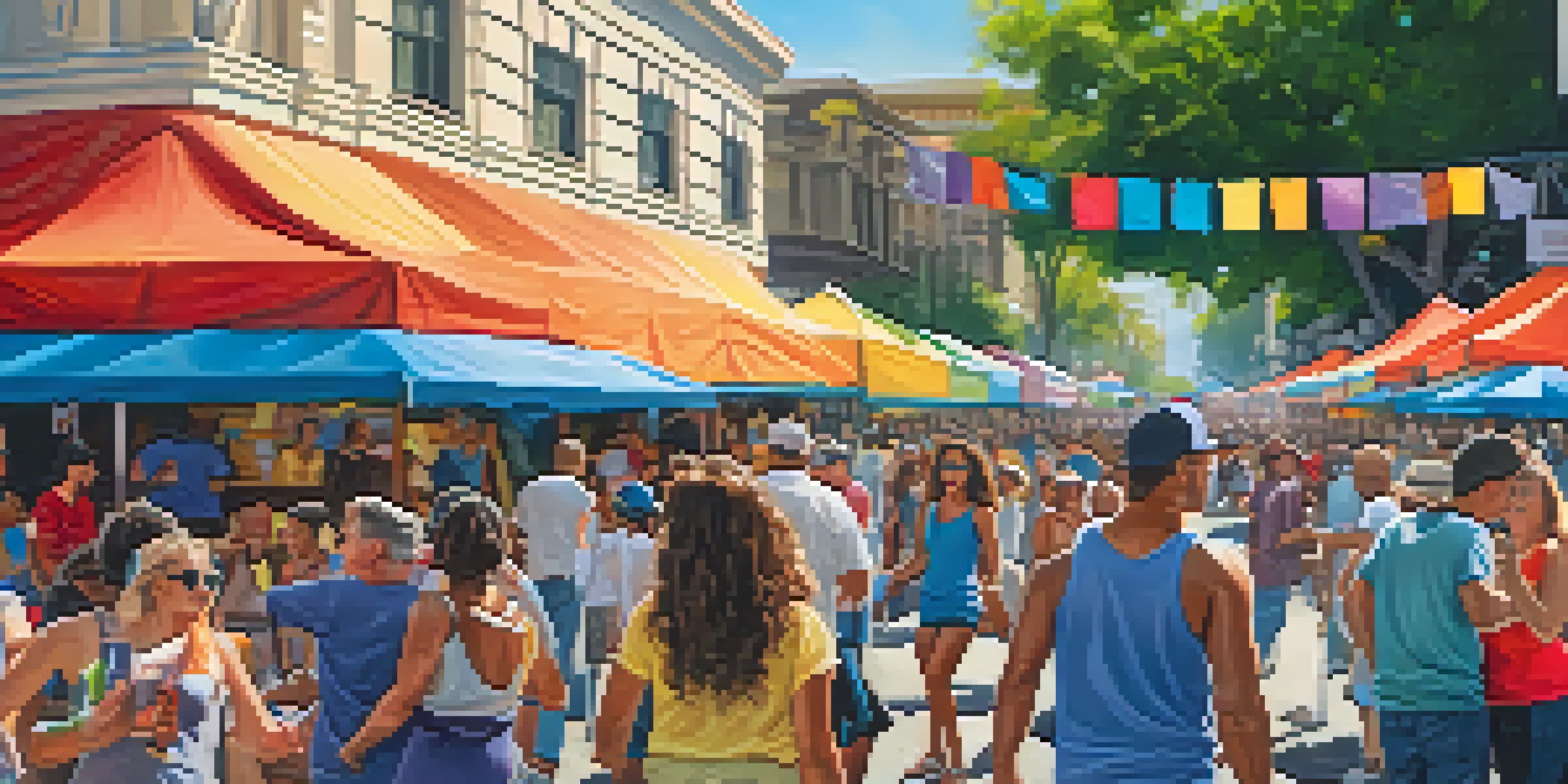 A lively street filled with people dancing and enjoying music at the Sacramento Music Festival, surrounded by colorful banners and food stalls.