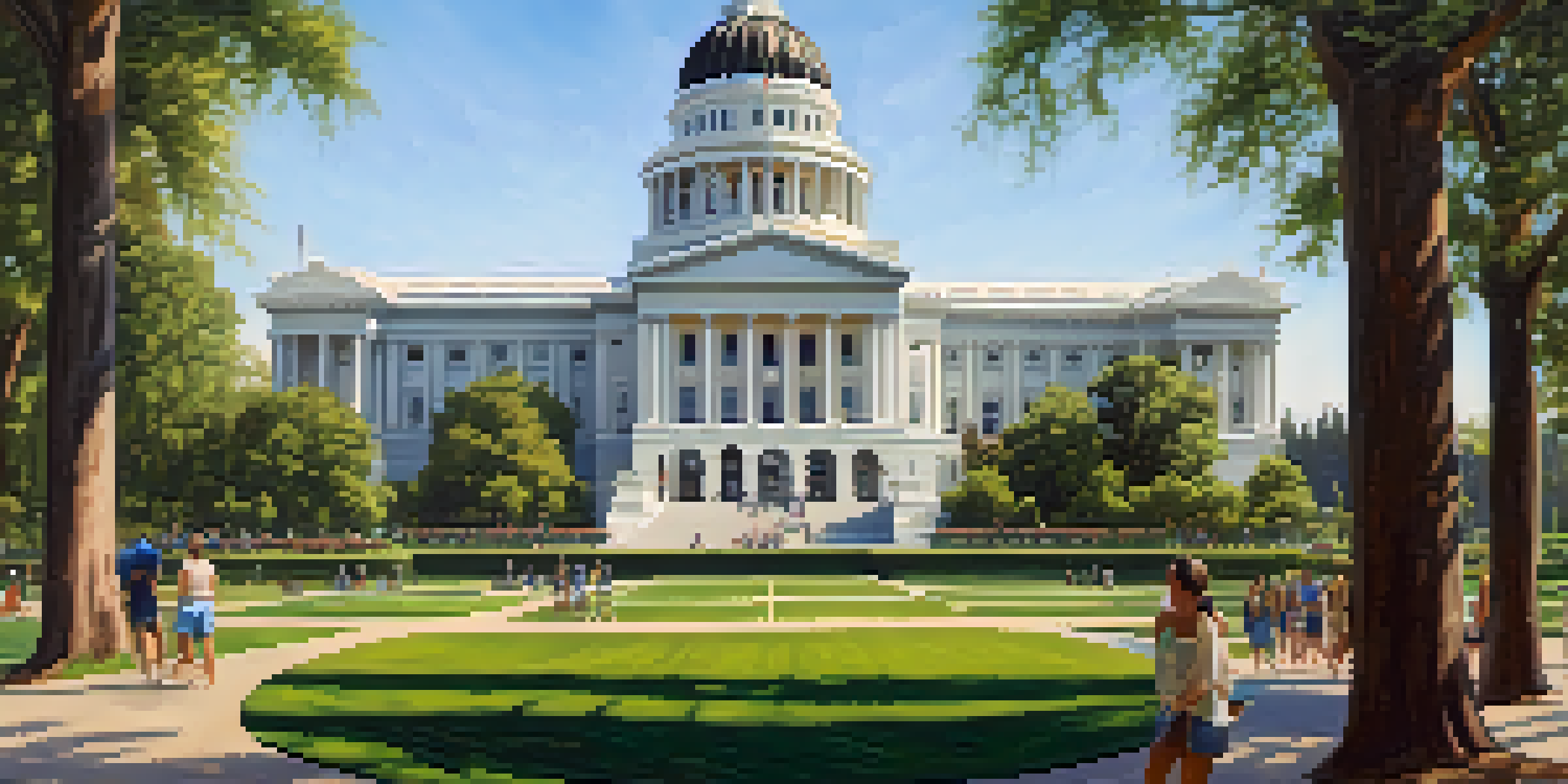 A wide view of the California State Capitol building with gardens and people, set against a clear blue sky.