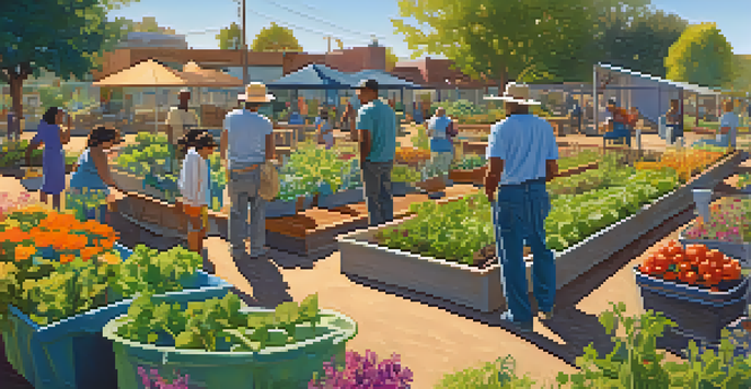 A diverse group of people working together in a colorful community garden, surrounded by blooming flowers and vegetables, under warm sunlight.