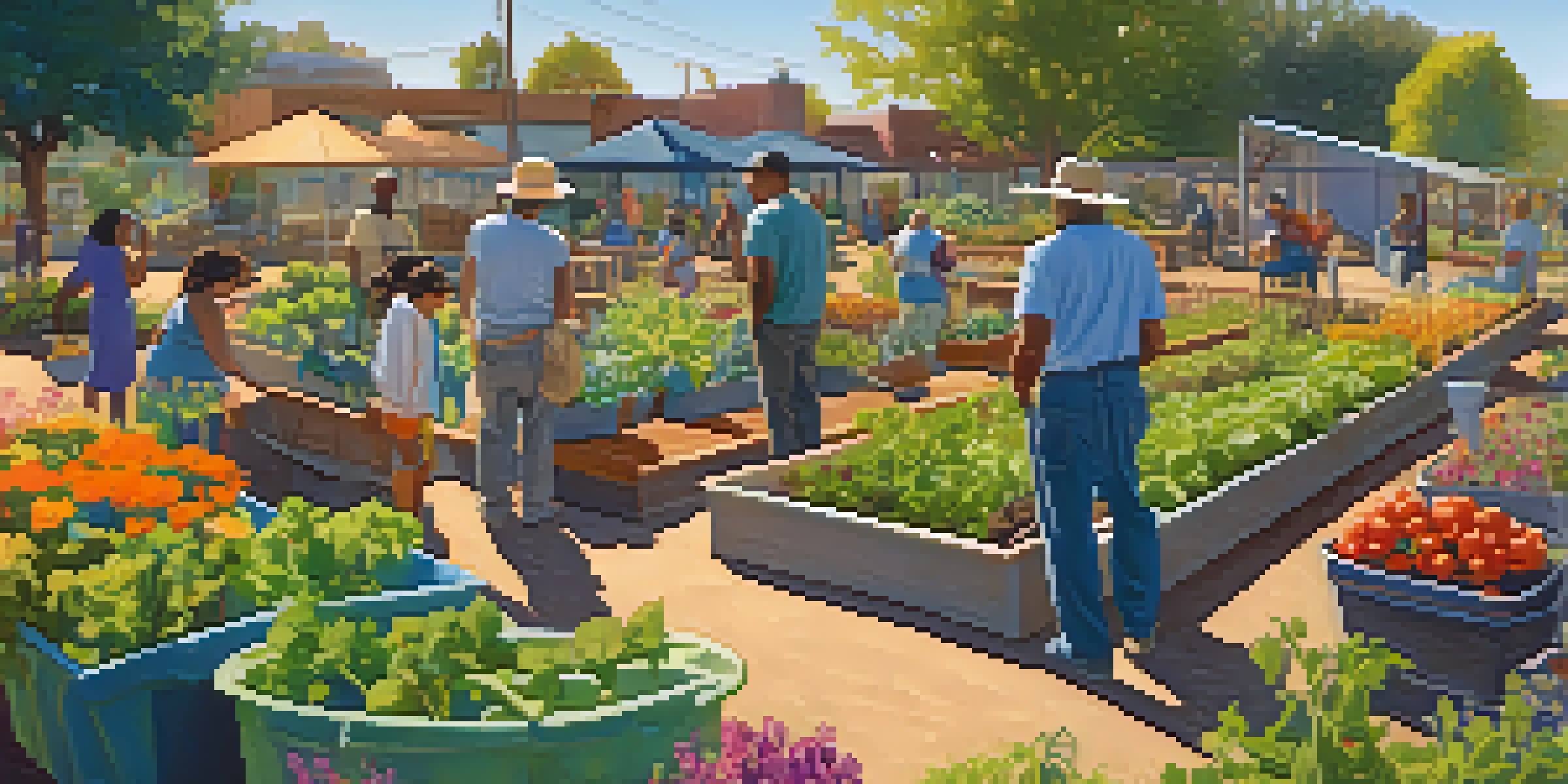 A diverse group of people working together in a colorful community garden, surrounded by blooming flowers and vegetables, under warm sunlight.