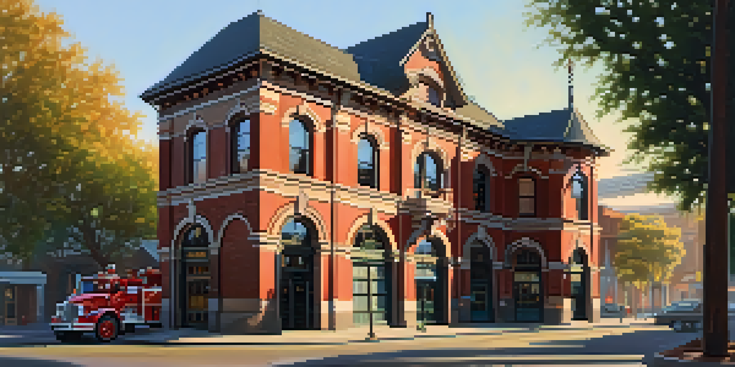 A historic firehouse with Victorian architecture and a vintage fire truck parked outside, bathed in warm golden hour light.