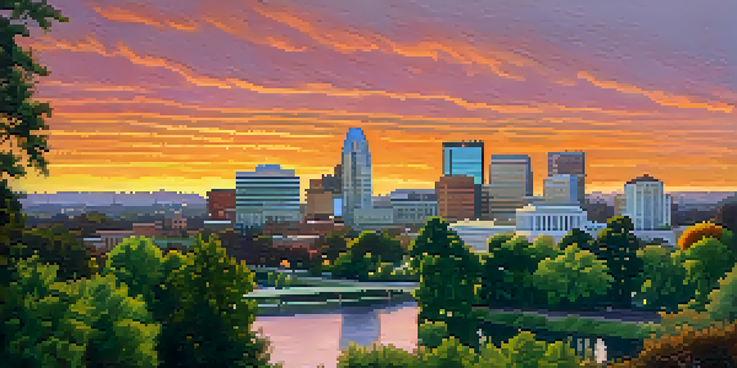 A sunset view of Sacramento's skyline with colorful reflections on the river and green trees in the foreground.