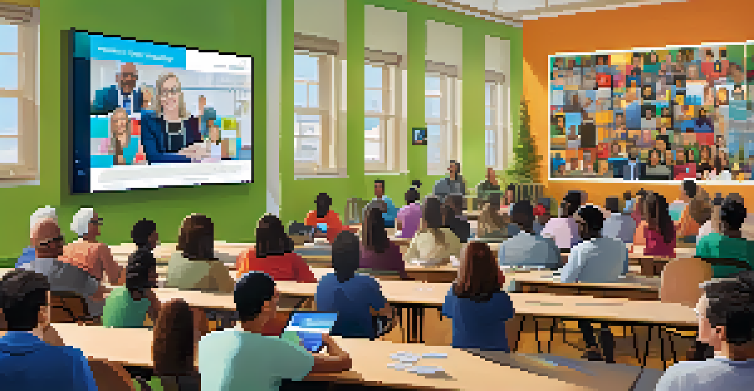 A digital town hall meeting in a community center with families participating remotely, featuring a large screen and community members discussing educational topics.