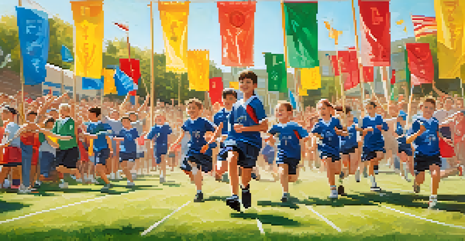 Students participating in athletic activities during a school sports day event, with parents cheering and colorful decorations in the background.