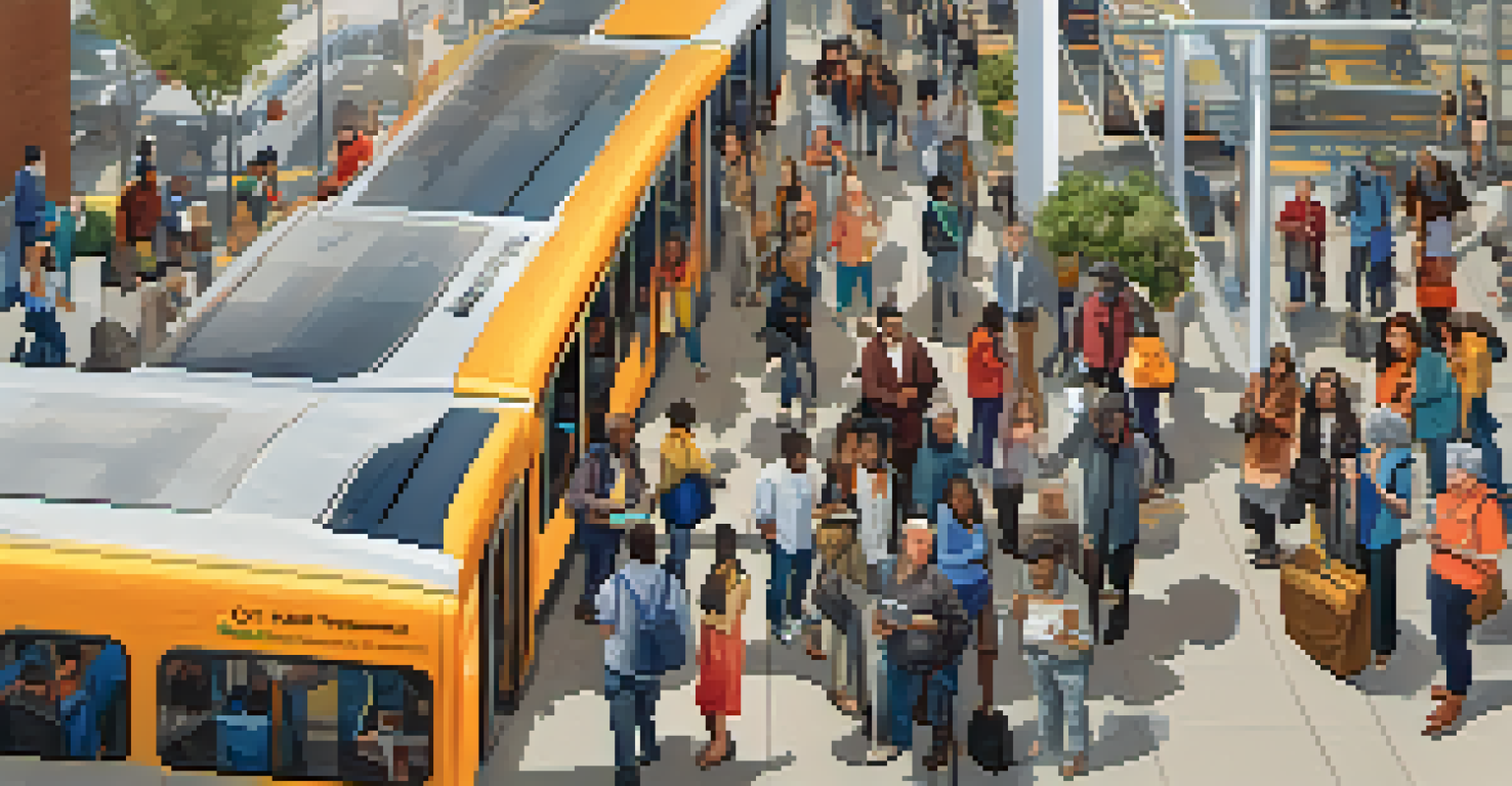 An aerial view of commuters at a bus station in Sacramento, using their smartphones to access public transport apps. Buses are seen in the background, creating a lively transit atmosphere.