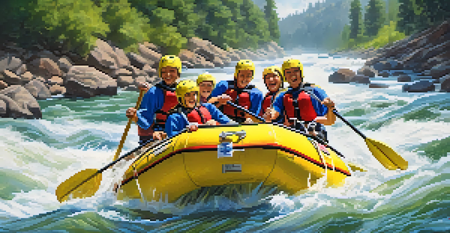 A group of friends enjoying white-water rafting on a river surrounded by trees and cliffs.