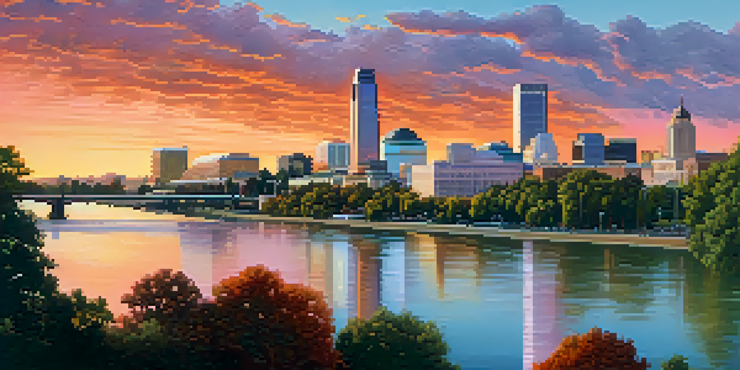Sunset view of Sacramento's skyline with the river reflecting the colors of the sky and green parks in the foreground.
