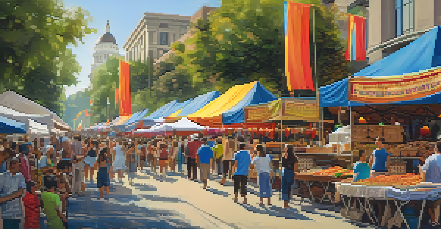 A cultural festival in Sacramento with diverse crowds, traditional foods, and vibrant performances celebrating the city's heritage.
