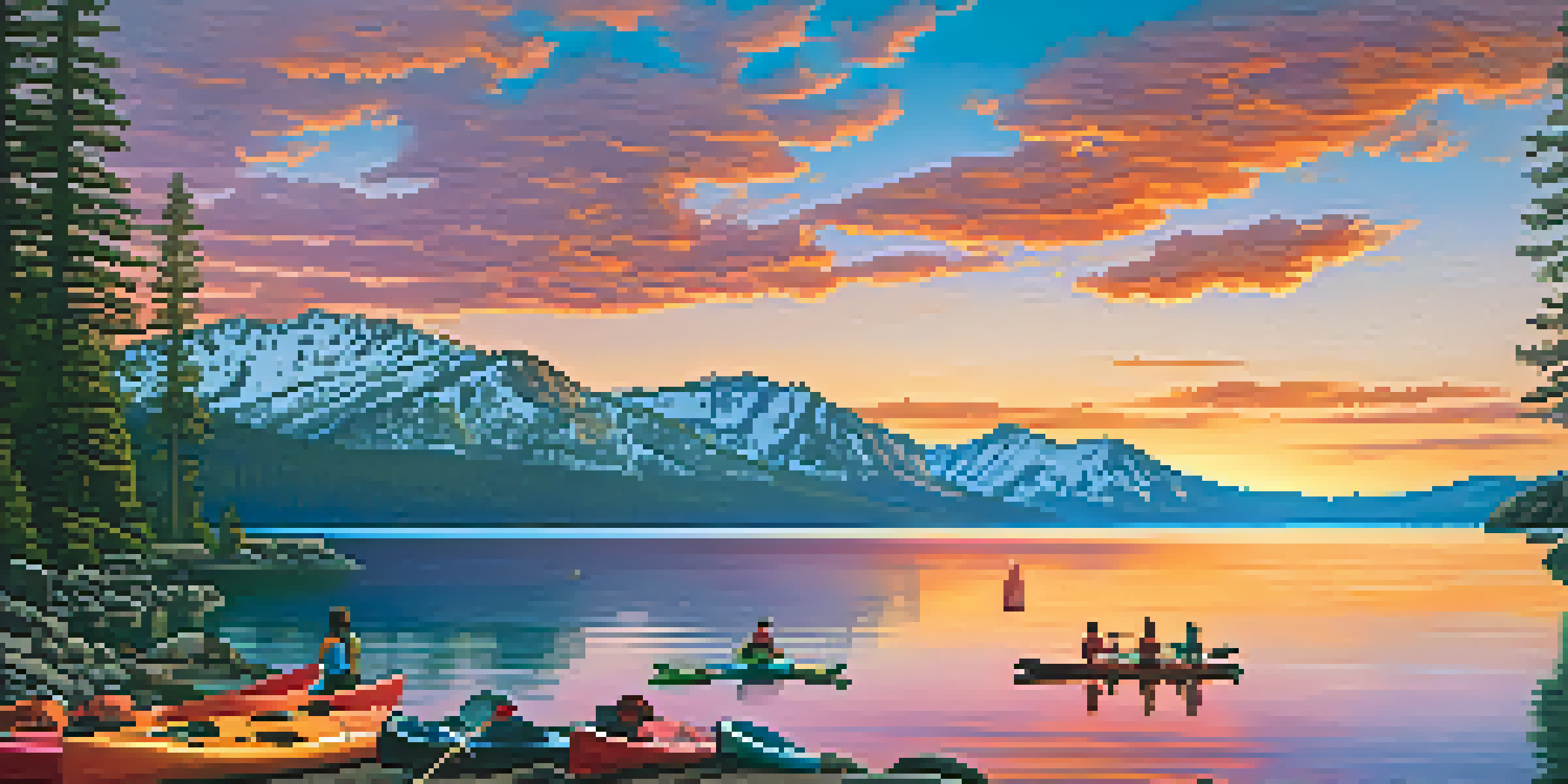 A scenic sunset view over Lake Tahoe with kayakers and a family picnic on the shore.