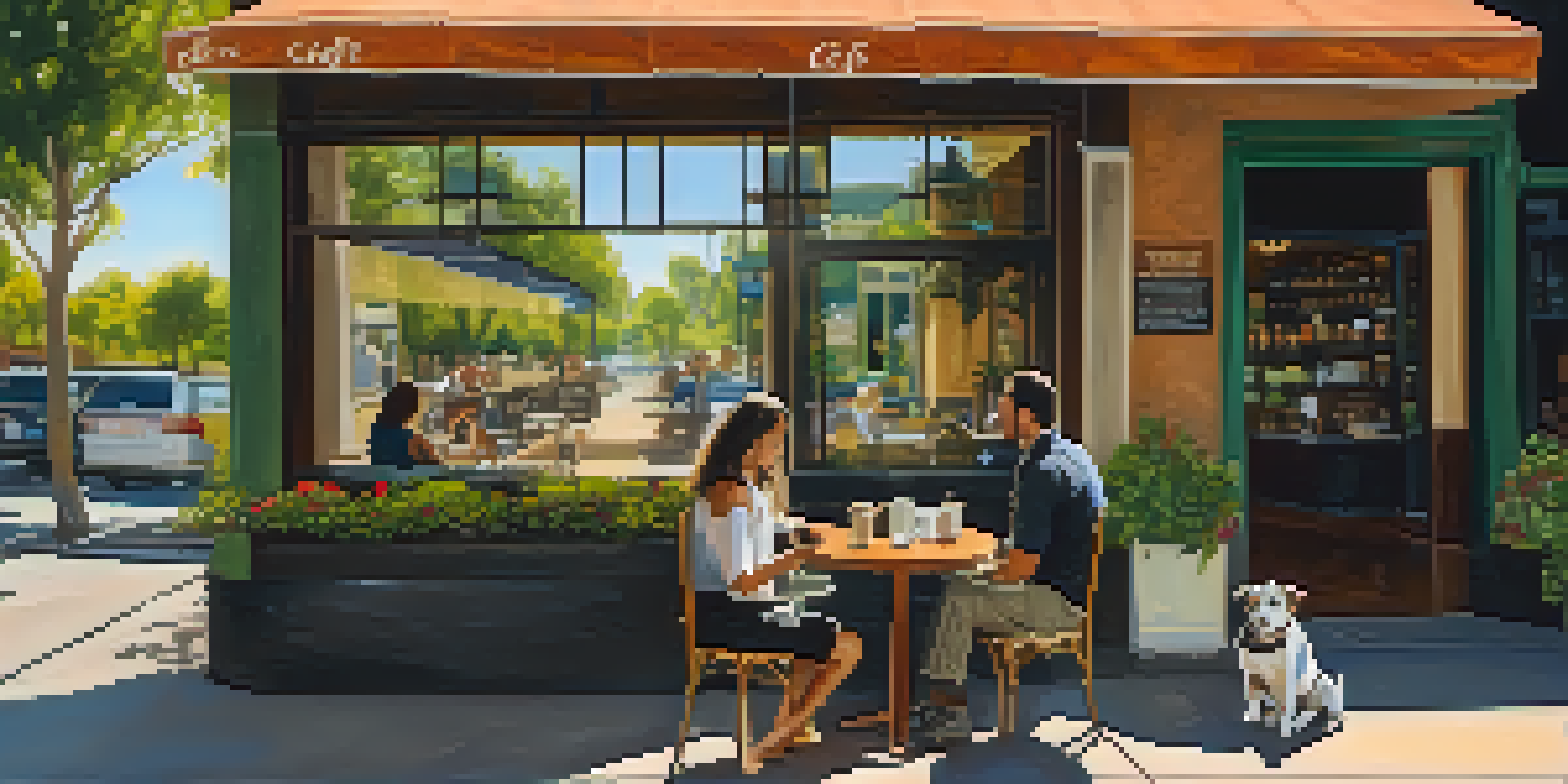 A person enjoying coffee on a patio with their dog, surrounded by greenery and local art.