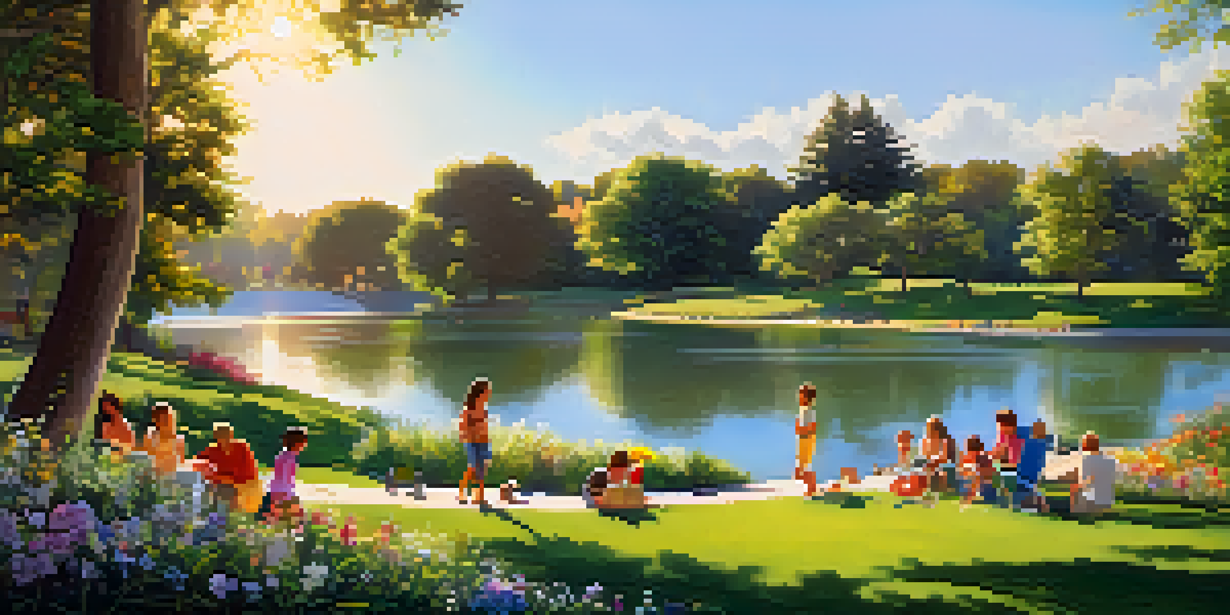 A tranquil park setting with families picnicking by a lake surrounded by greenery and blooming flowers.
