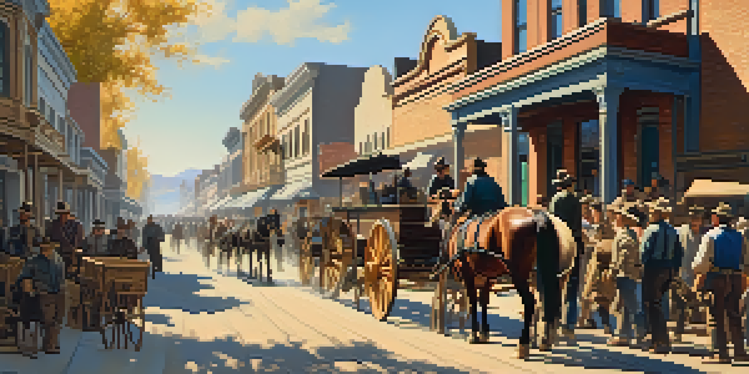 A historic street scene in 19th-century Sacramento during the Gold Rush, filled with miners and traders in a lively atmosphere.