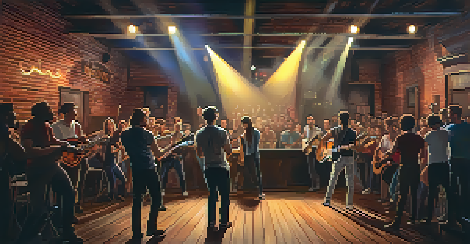 A band performing on stage in a small music venue, with an excited audience close to the performers.