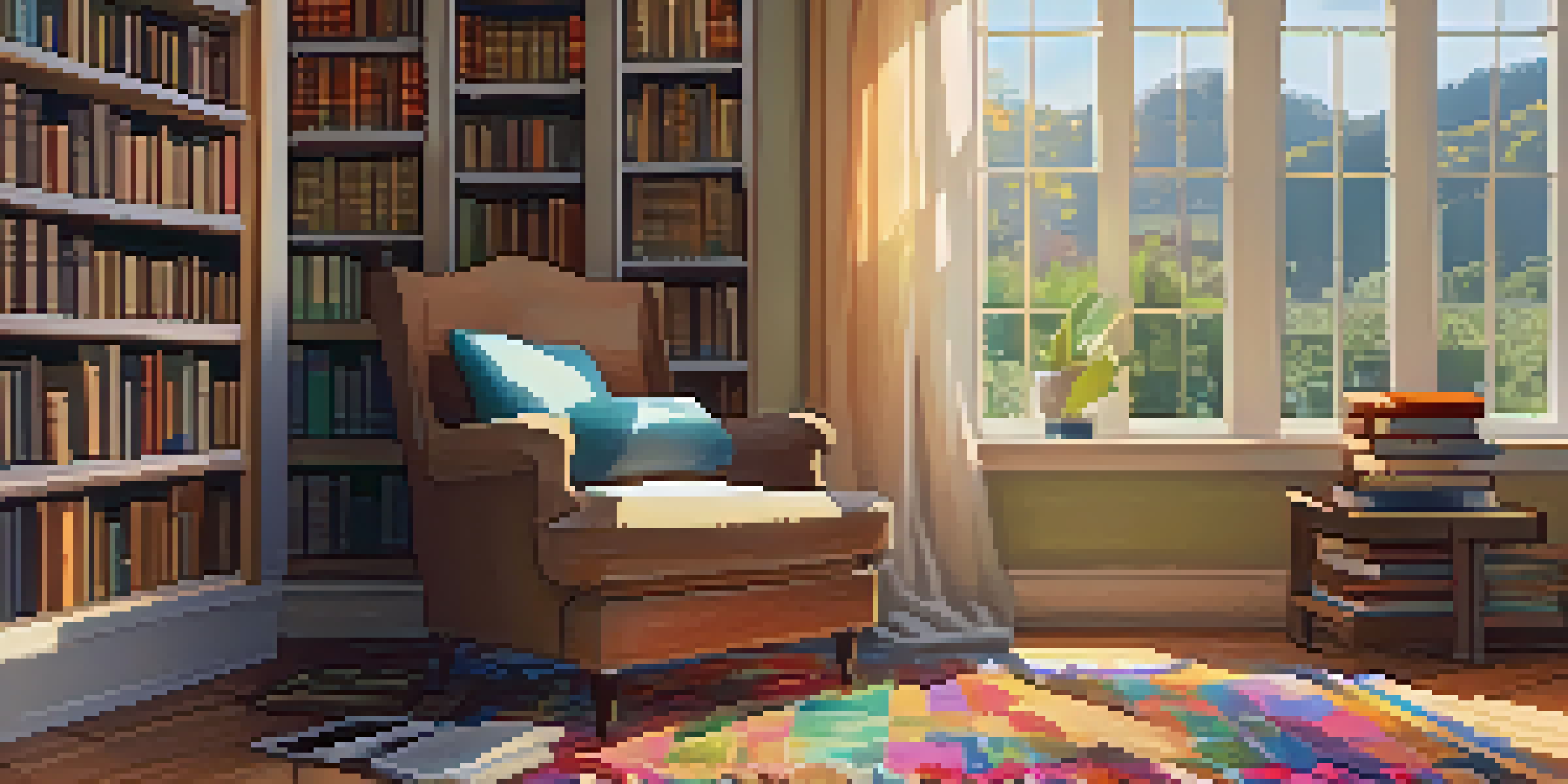 A cozy reading nook with an armchair, a side table with tea, and shelves of books, illuminated by natural light.