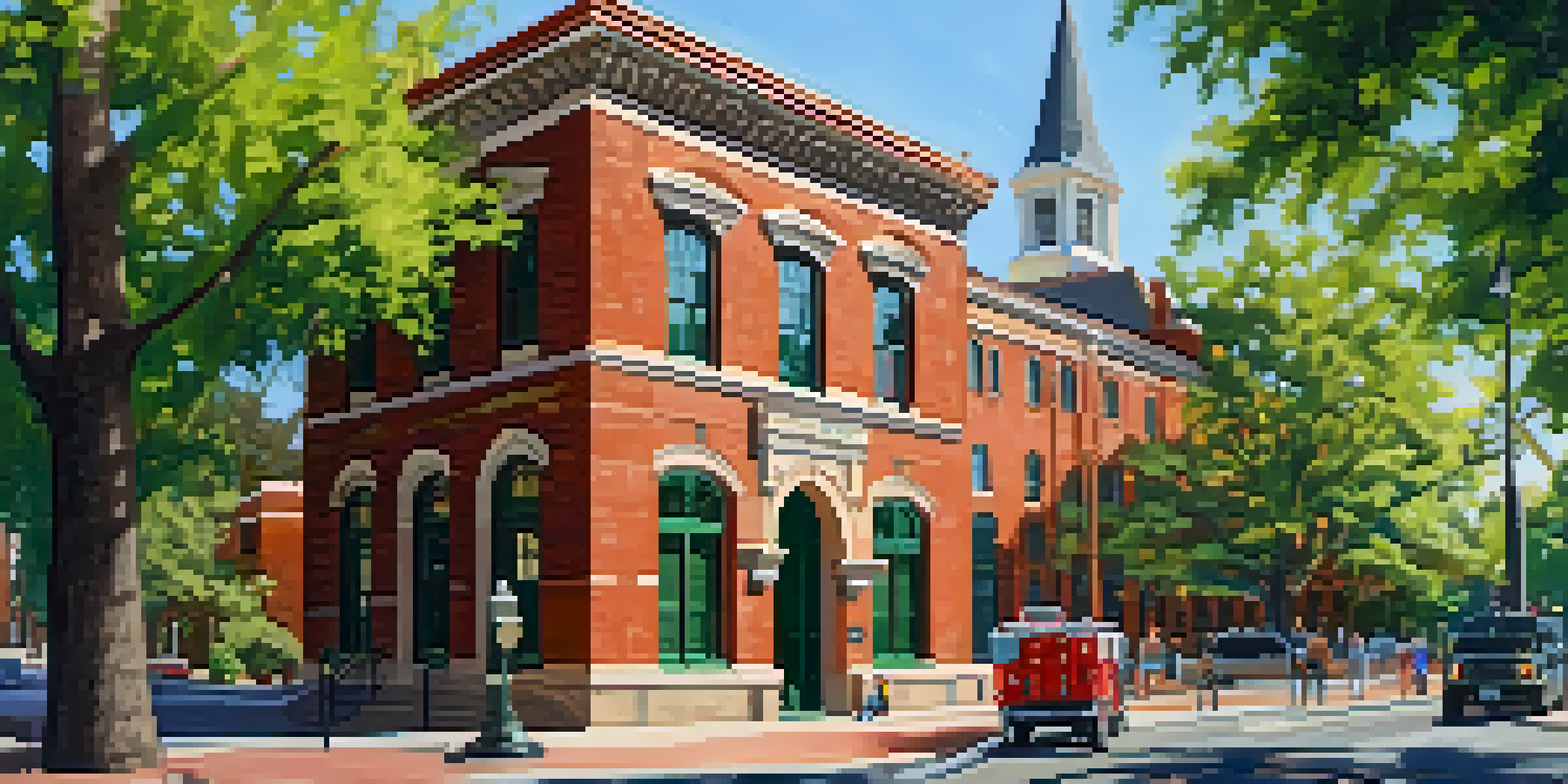 A historic firehouse in Sacramento with arched windows and a bell tower, surrounded by a green park and people walking by under warm sunlight.