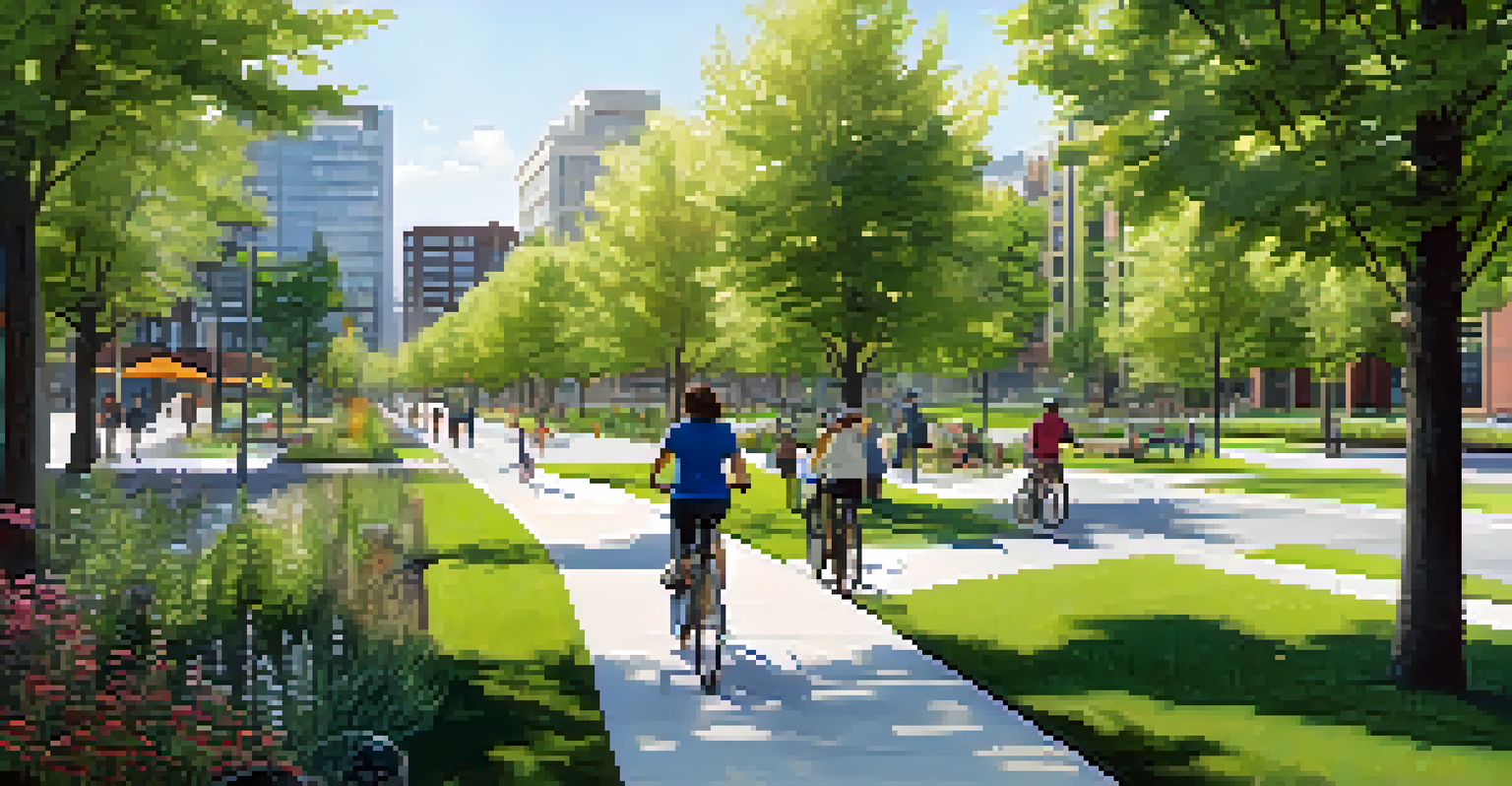 An urban scene depicting green infrastructure with trees and parks, illustrating sustainable community development.