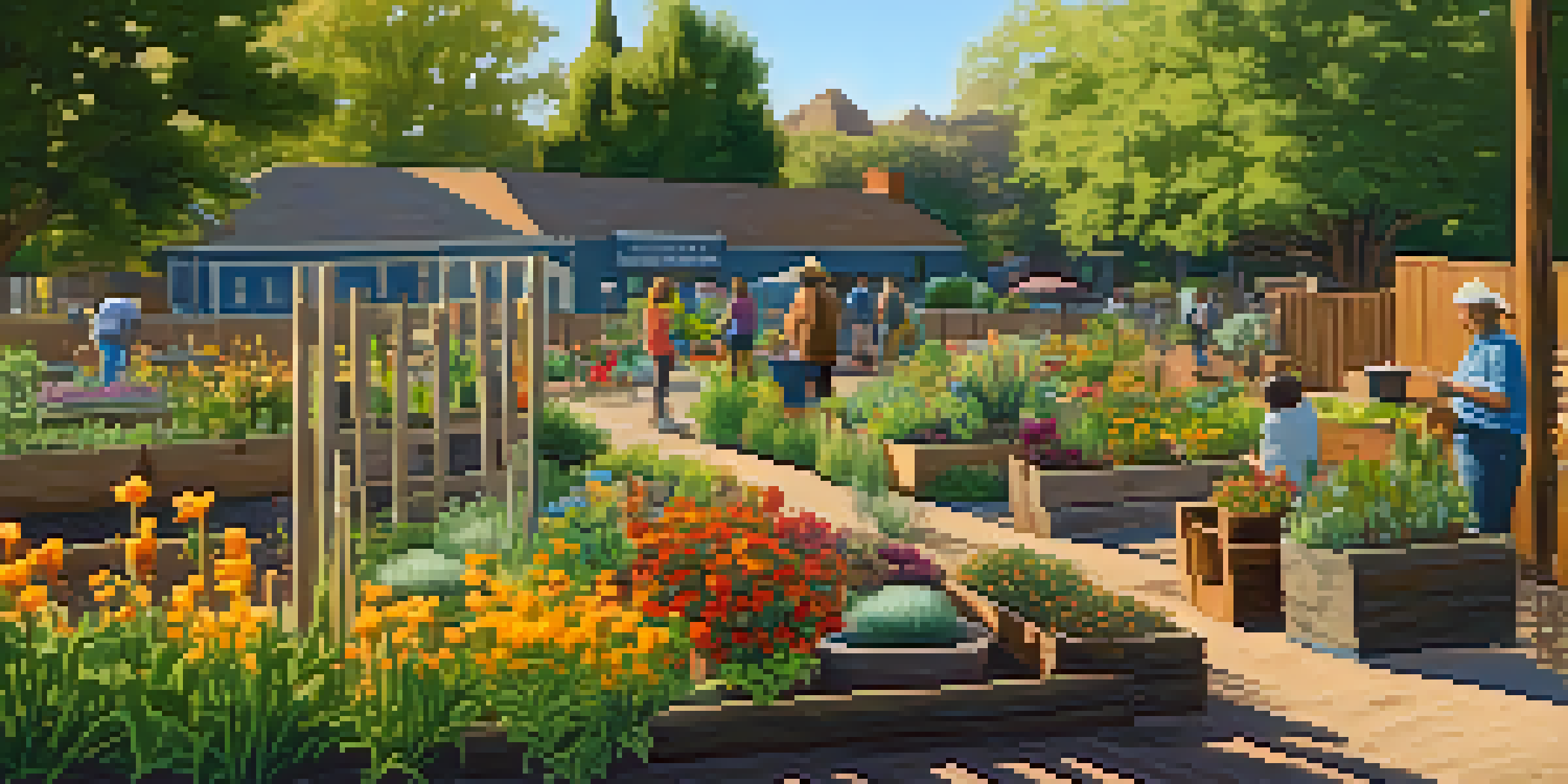 A lively community garden with native plants and flowers, featuring people gardening under bright sunlight, with a wooden fence in the background.