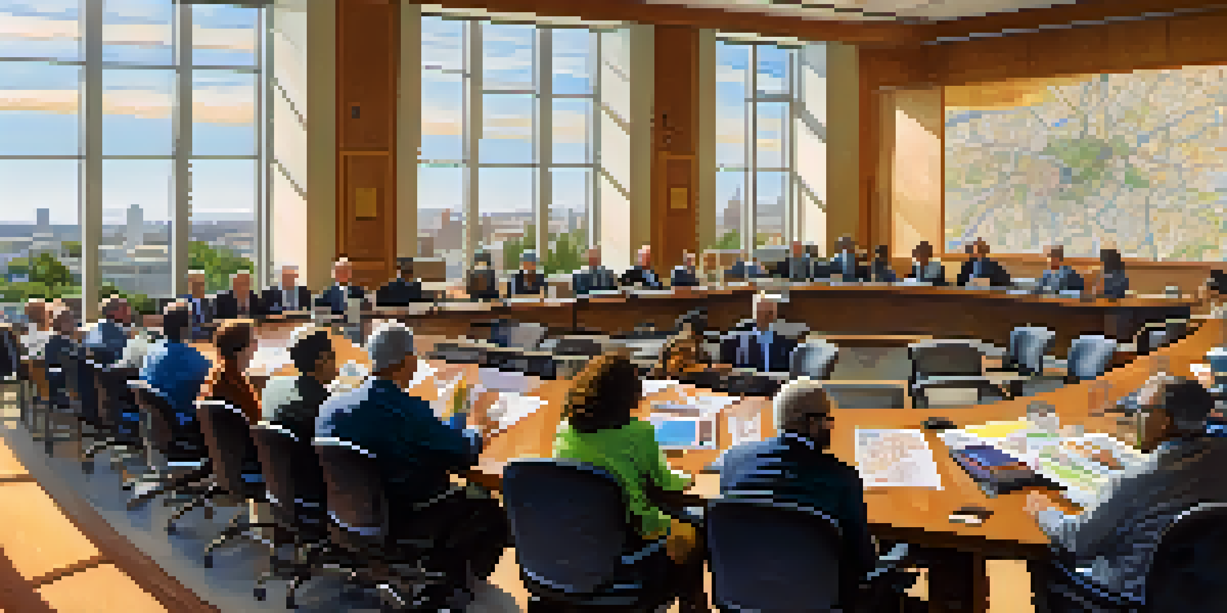 A diverse group of city officials and residents engaged in a Sacramento City Council meeting, with natural light illuminating the modern conference room.