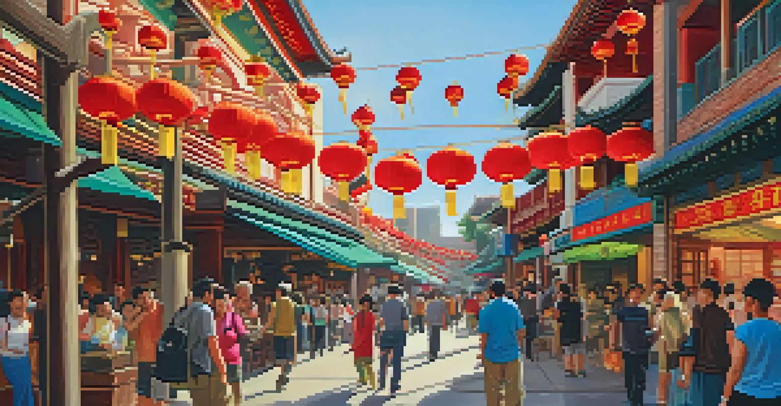A lively Chinatown in Sacramento with traditional architecture, lanterns, and people enjoying food.