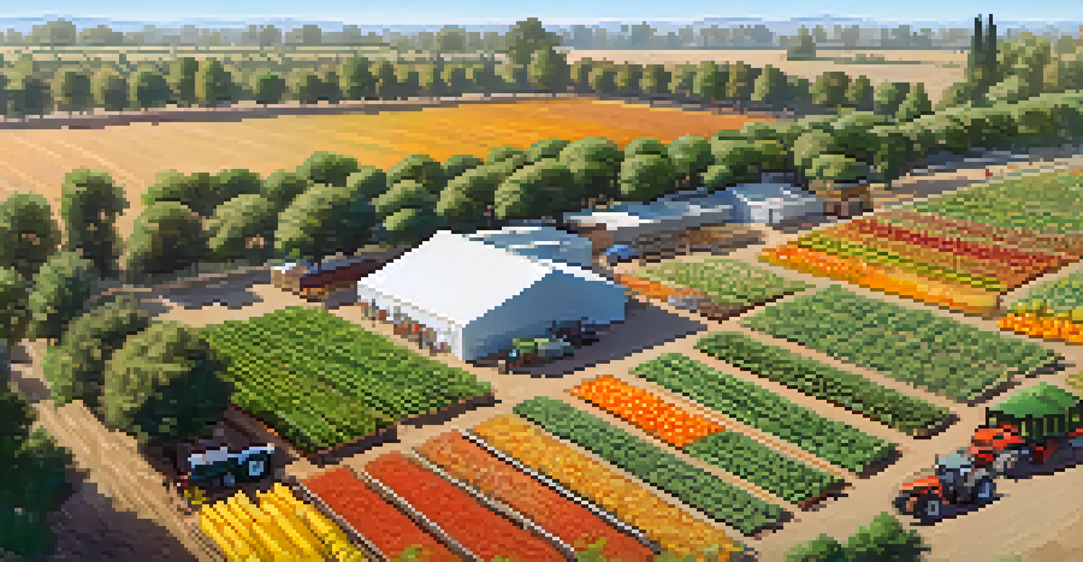 An aerial view of a CSA farm with organized rows of crops and families participating in a farm tour.