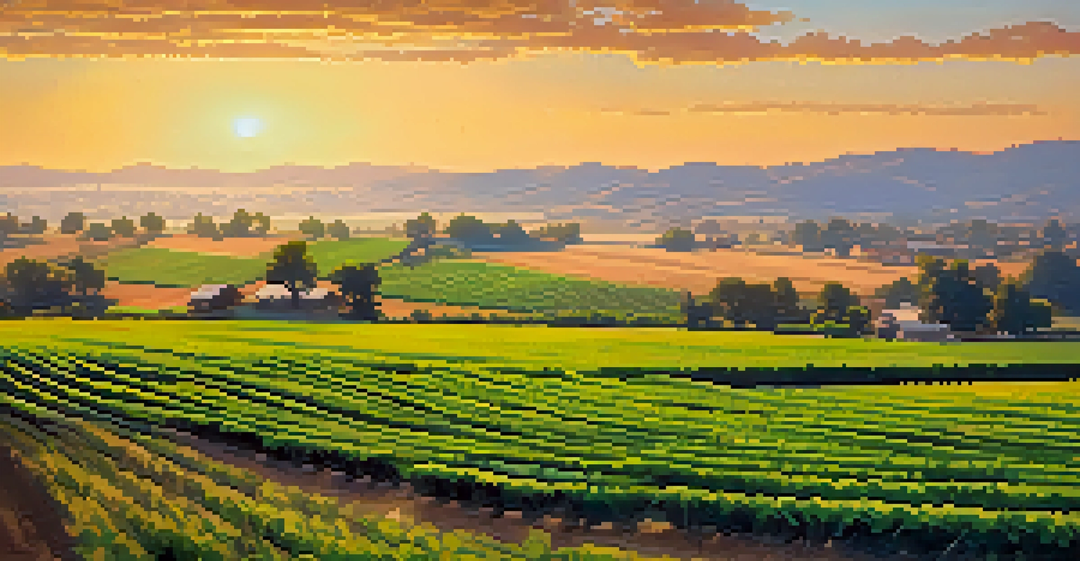 A serene agricultural landscape in Sacramento with green crops under a golden sunset, featuring farmers at work and rolling hills in the background.