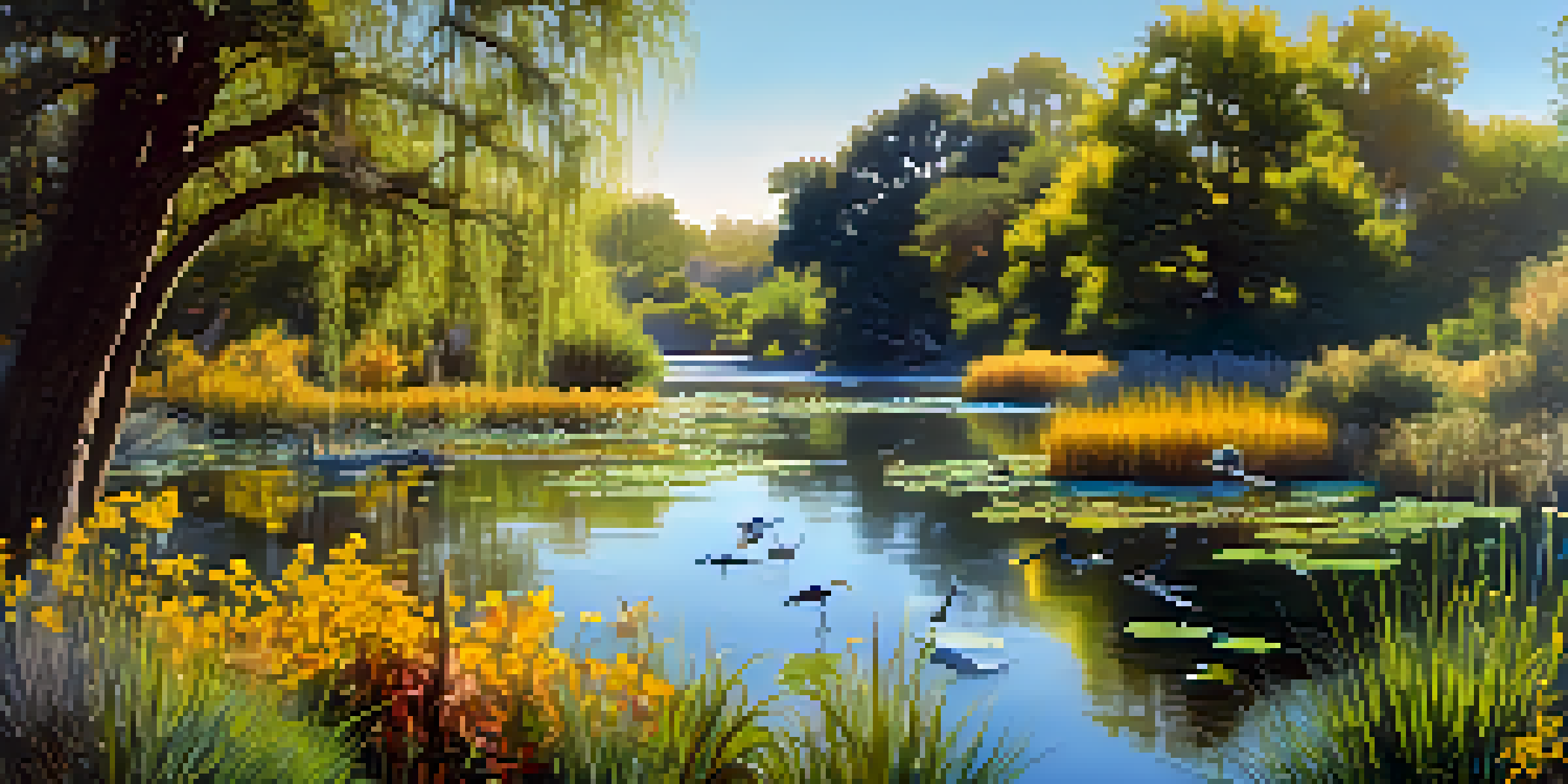 A colorful wetland scene with native plants and wildlife, featuring a pond and migratory birds under soft sunlight.