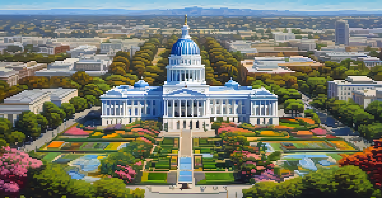 Aerial view of the California State Capitol with beautiful gardens and a clear blue sky, highlighting its neoclassical architecture.