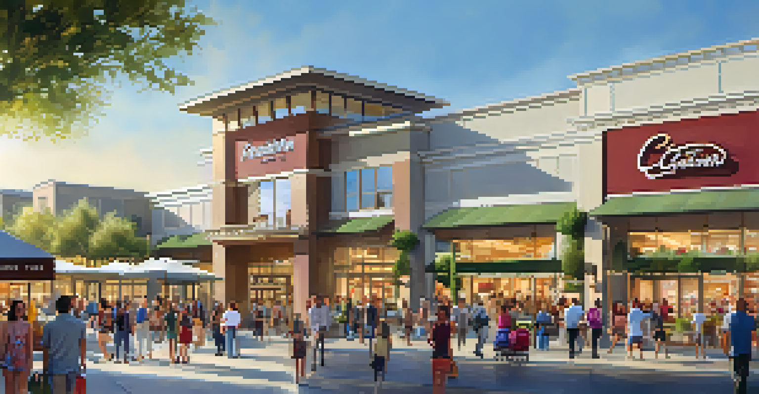 Close-up of a busy shopping center in Sacramento with families and vibrant storefronts.