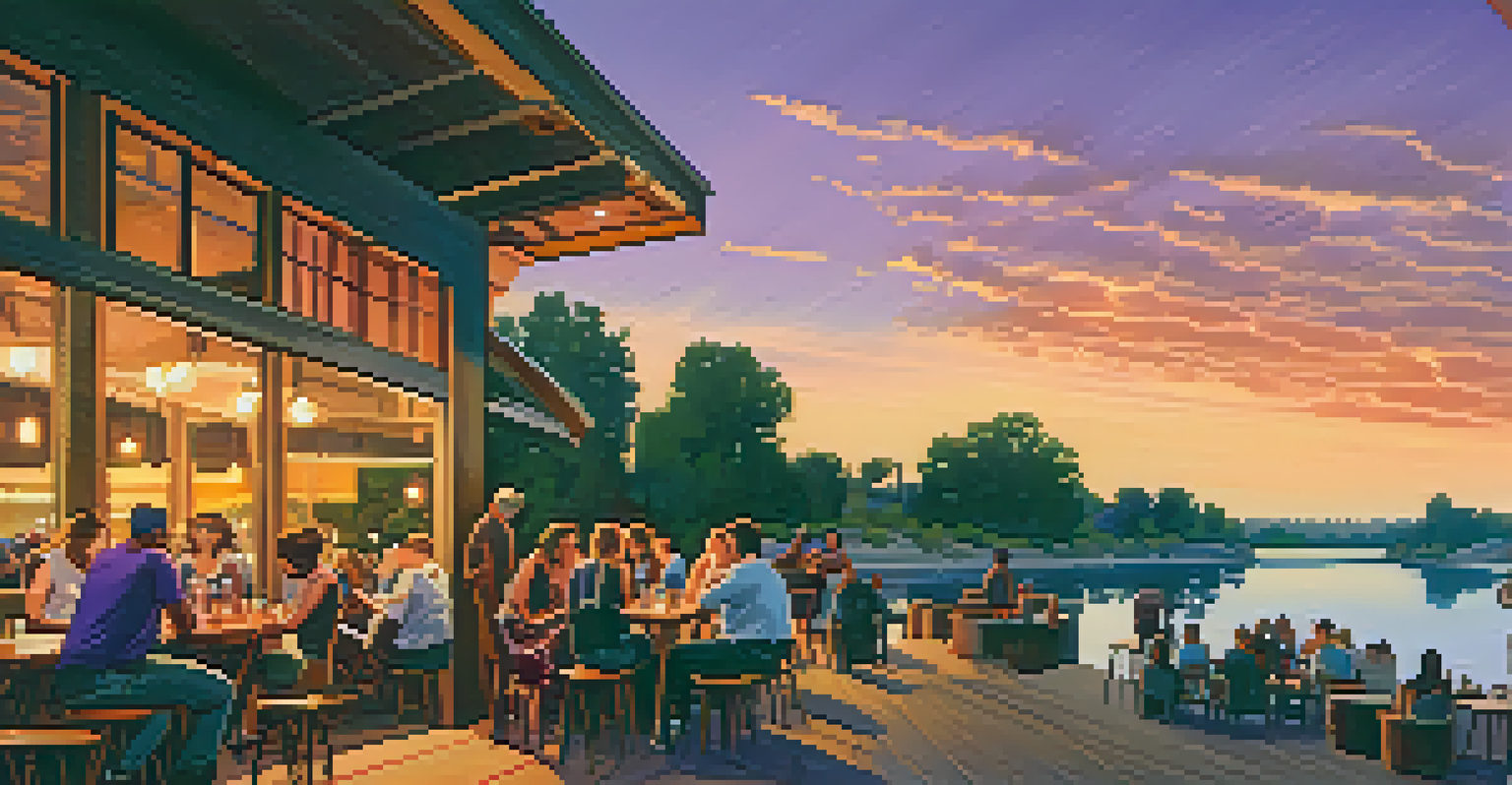 An outdoor brewery patio by the Sacramento River at sunset, with guests enjoying beers and food trucks visible in the background.