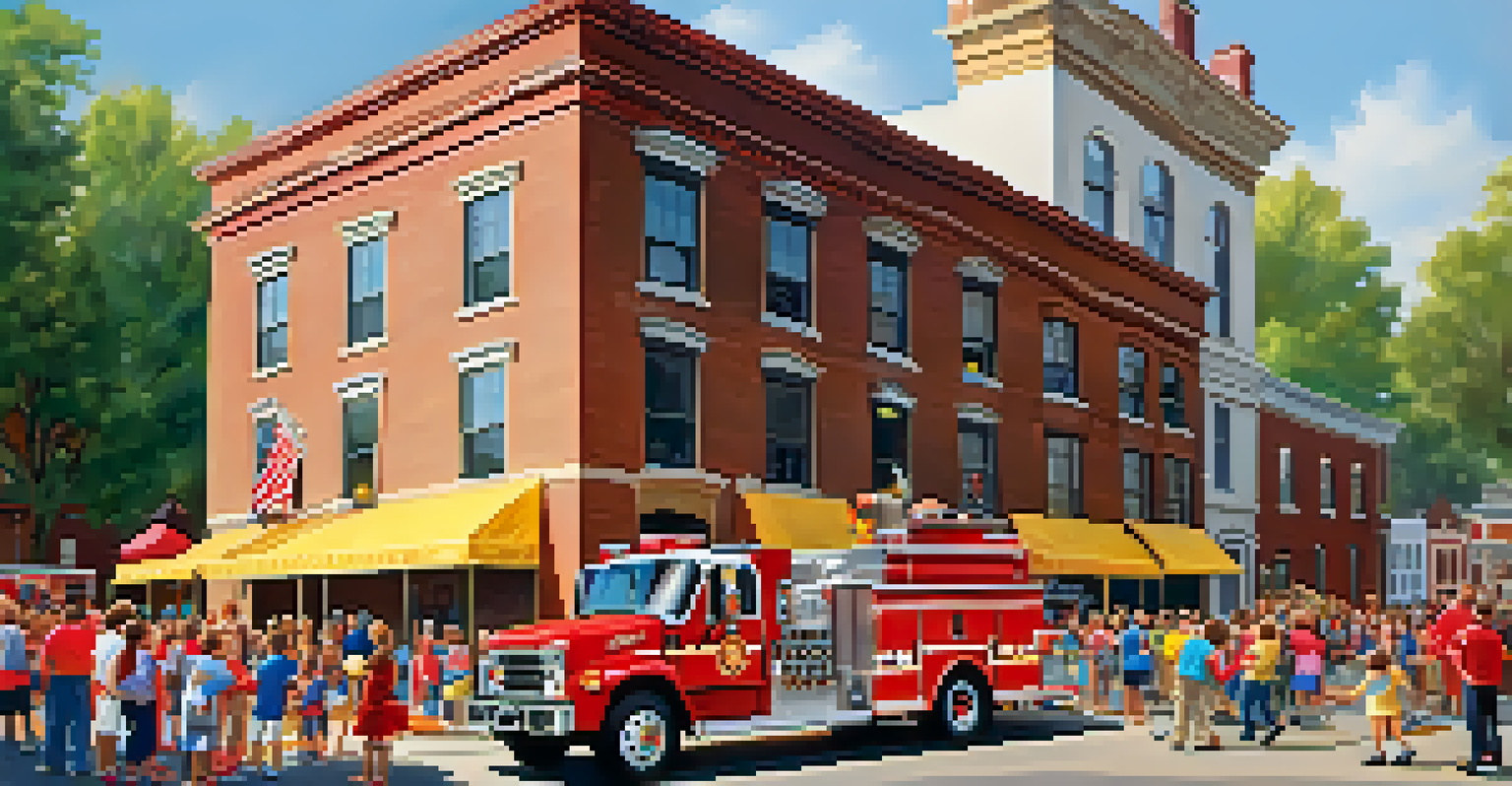 A community event outside a historic firehouse with families and firefighters engaging in fire safety demonstrations under colorful banners.