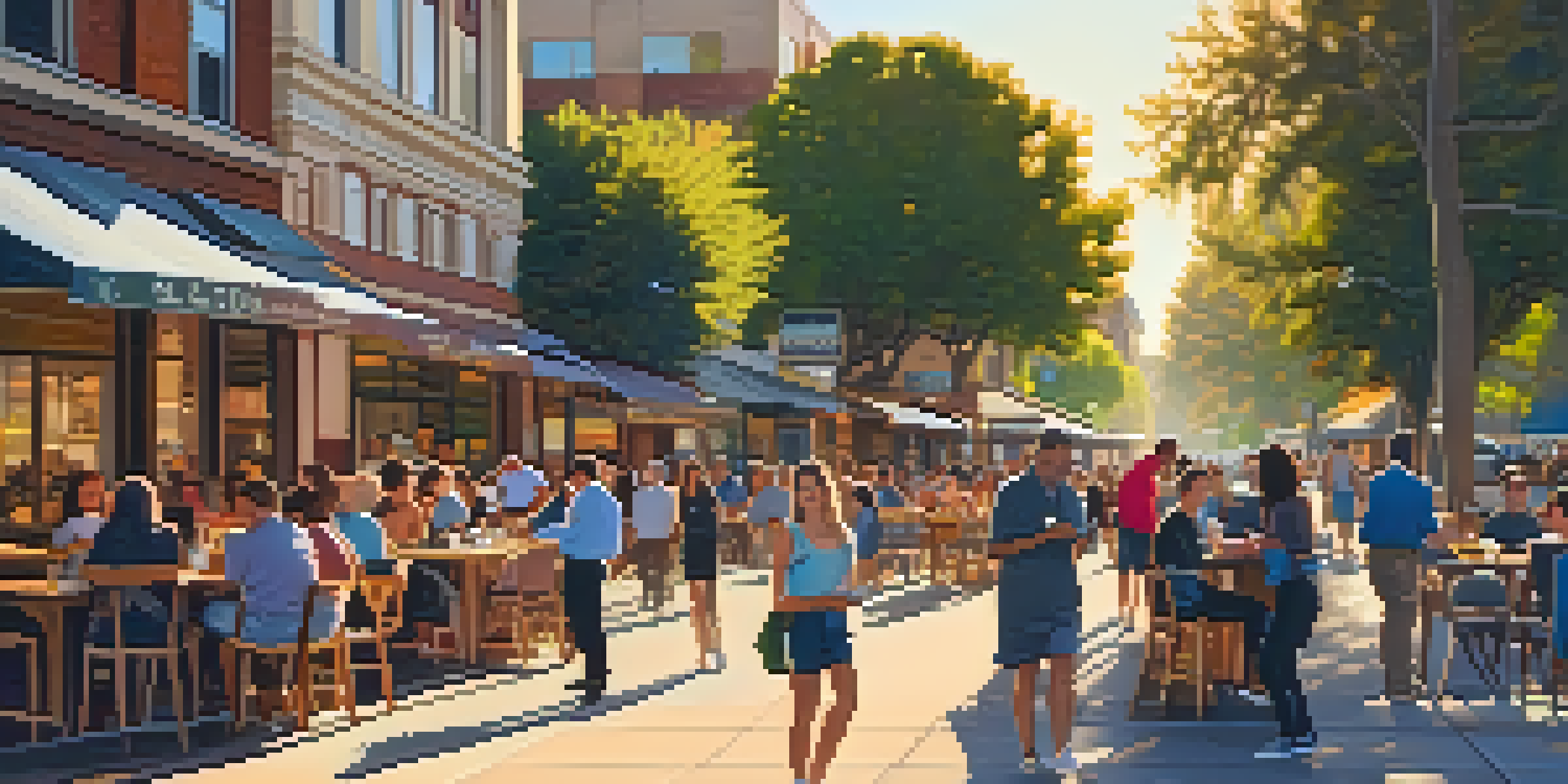 A lively city street in Sacramento filled with people working at outdoor cafes, illuminated by the warm light of the setting sun.