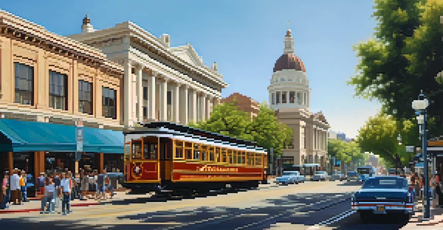 A panoramic view of Sacramento's historic downtown with Victorian buildings, people walking, and vintage streetcars.