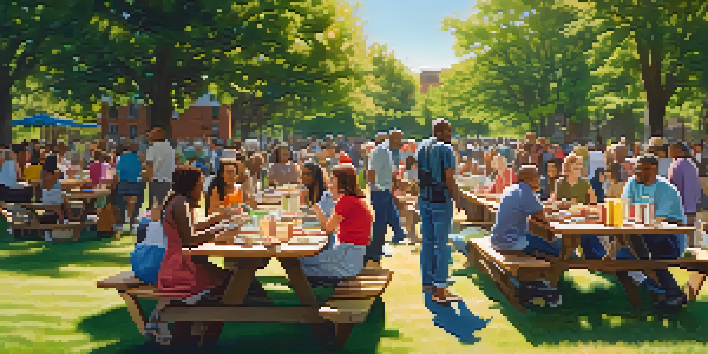 A diverse group of people enjoying a communal meal in a park, surrounded by greenery and trees, with colorful picnic tables and smiling faces.