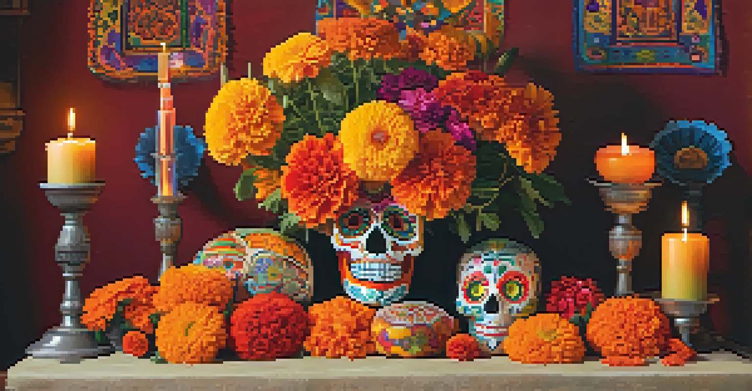 A decorated altar for Dia de los Muertos with marigolds, sugar skulls, and candles in a warm atmosphere.