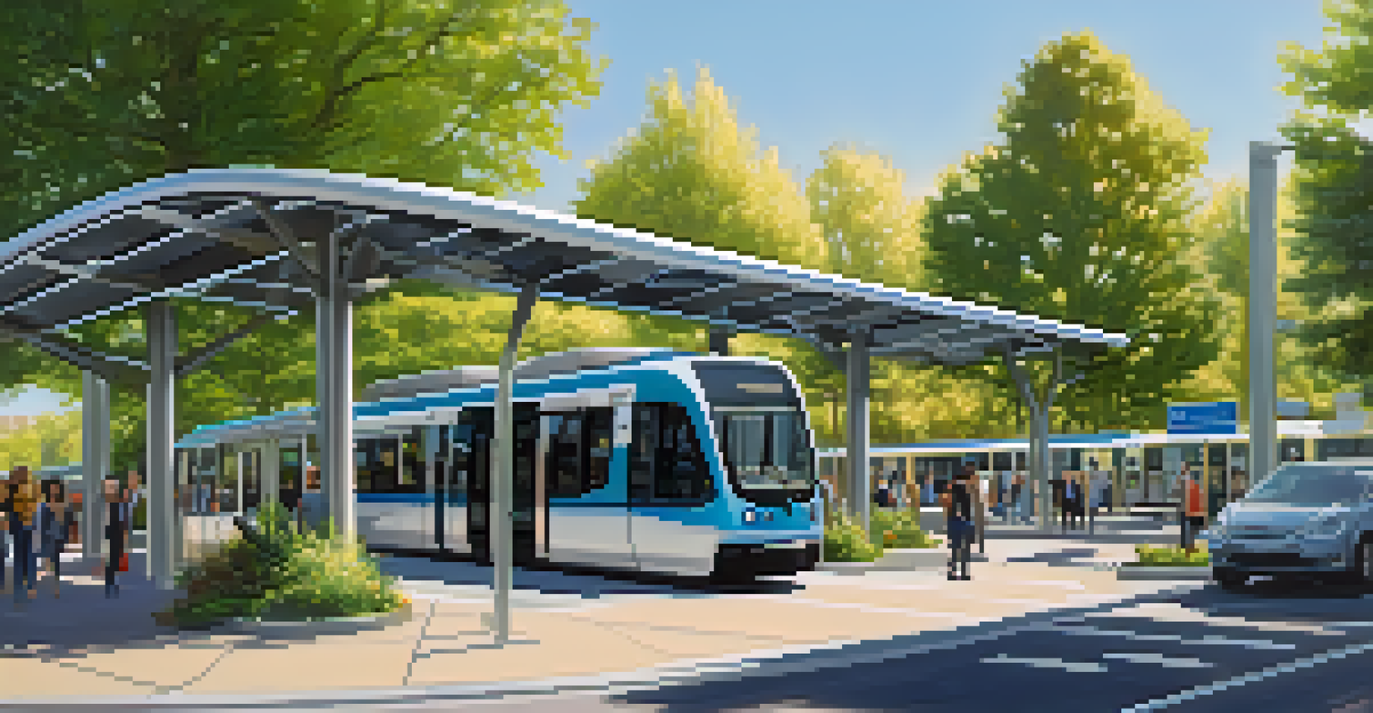A busy public transit station in Sacramento with light rail trains and buses surrounded by greenery and solar panels under a clear blue sky.