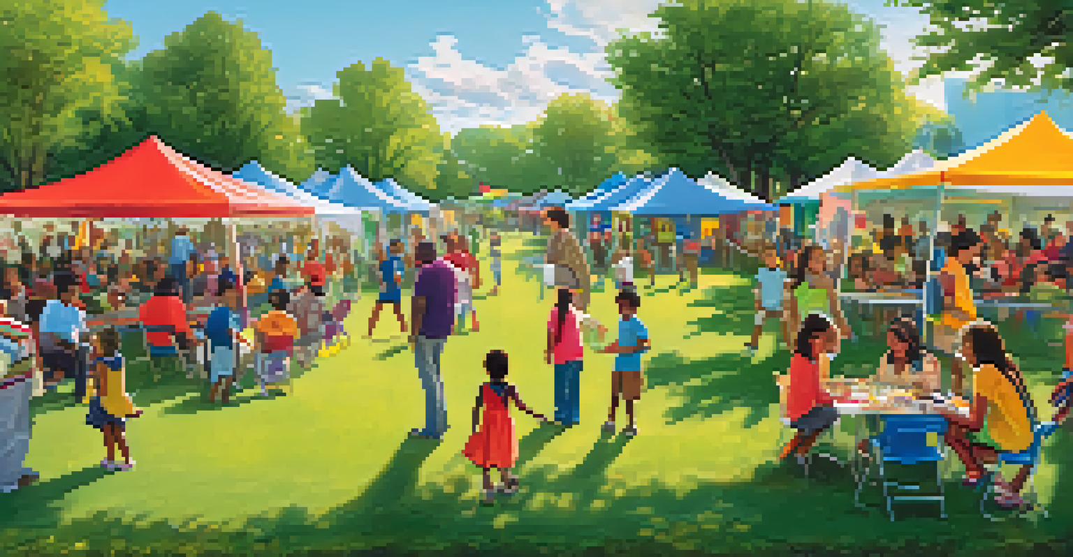 A community event in a park with families engaging in workshops, colorful tents, and children playing in a vibrant outdoor setting.