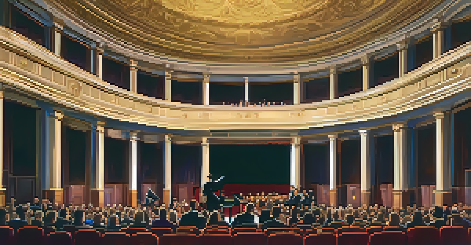 Interior of a historic theater during a live classical music performance, showcasing ornate details and an engaged audience.