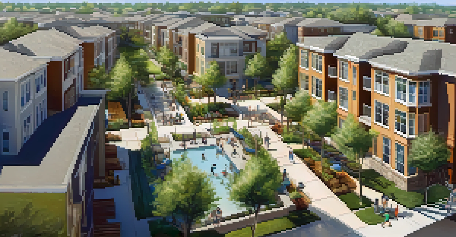 An aerial view of a mixed-use housing development in Sacramento, showing residential units, retail spaces, and parks.