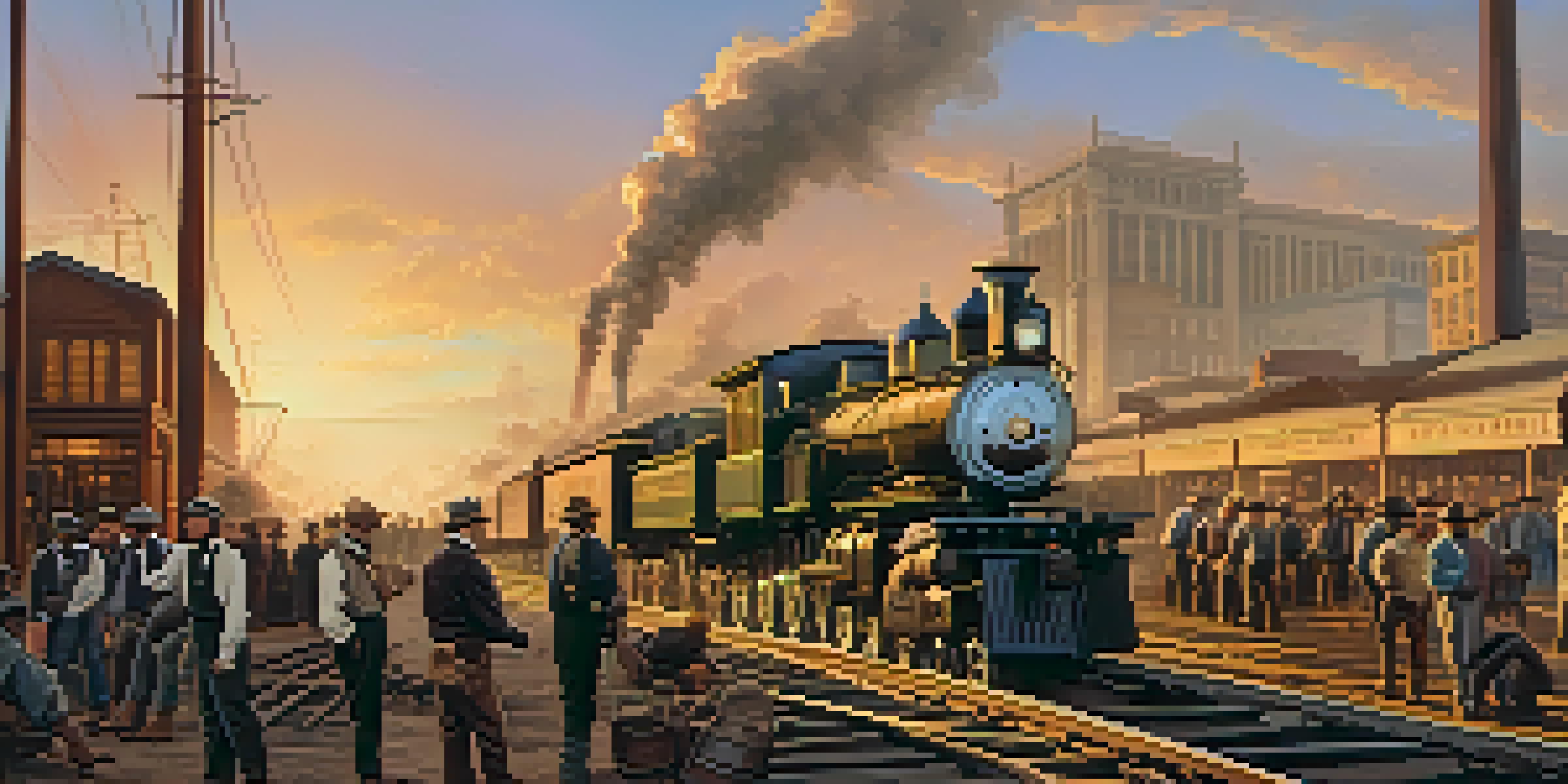 A historical scene of railroad construction in Sacramento, featuring workers and engineers in period clothing and steam locomotives.
