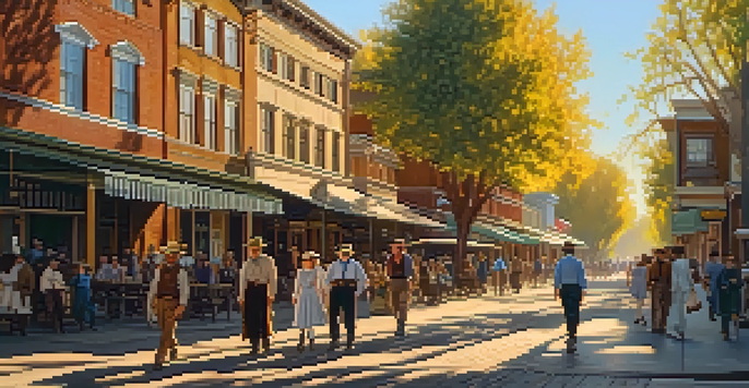A sunny street scene in Old Sacramento with historic buildings and wooden sidewalks, featuring people in period clothing.