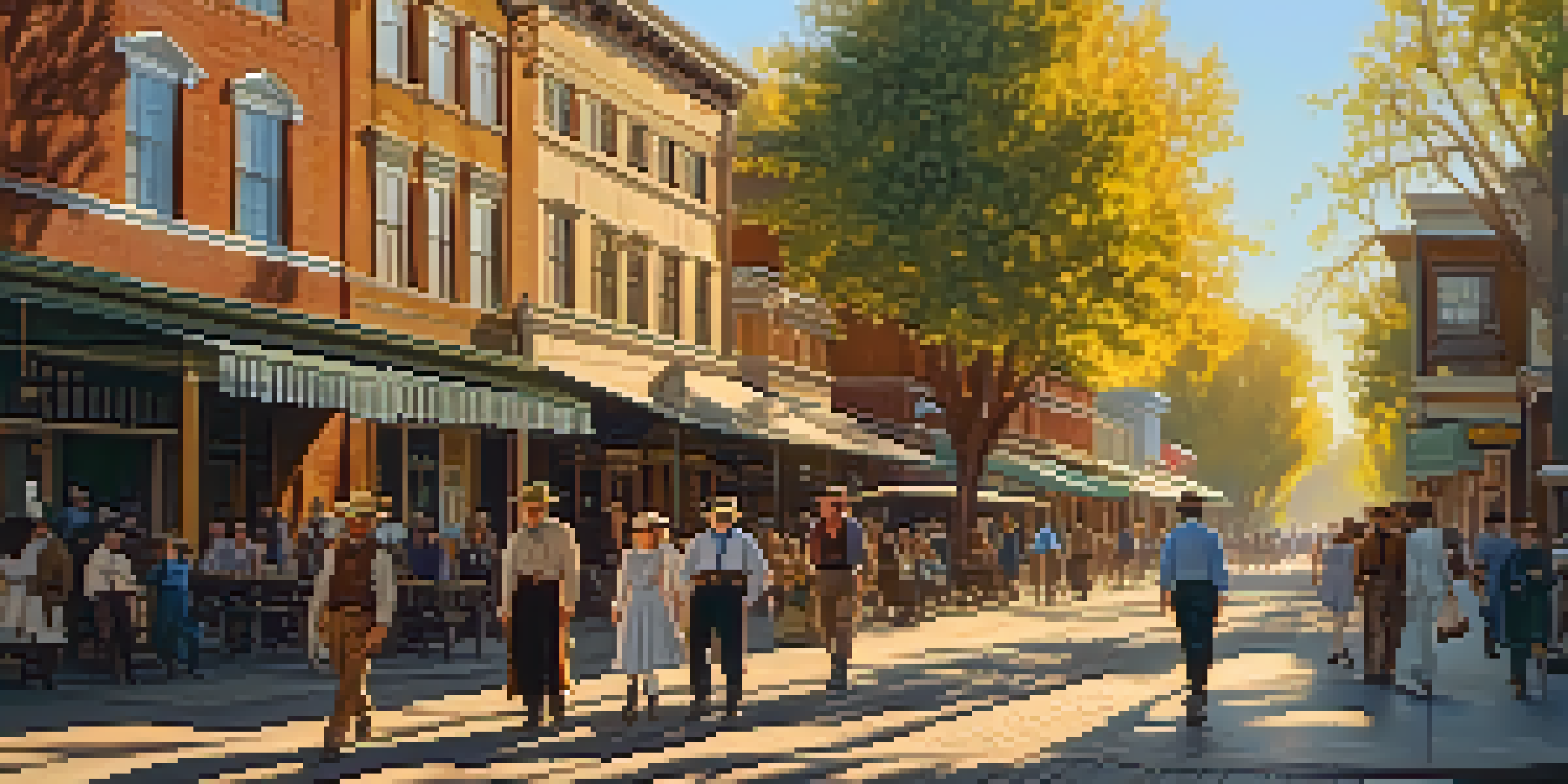 A sunny street scene in Old Sacramento with historic buildings and wooden sidewalks, featuring people in period clothing.