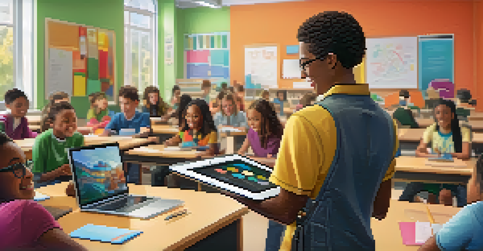 A teacher smiling while using a tablet in a modern classroom, surrounded by students engaged with their devices in a bright and colorful setting.