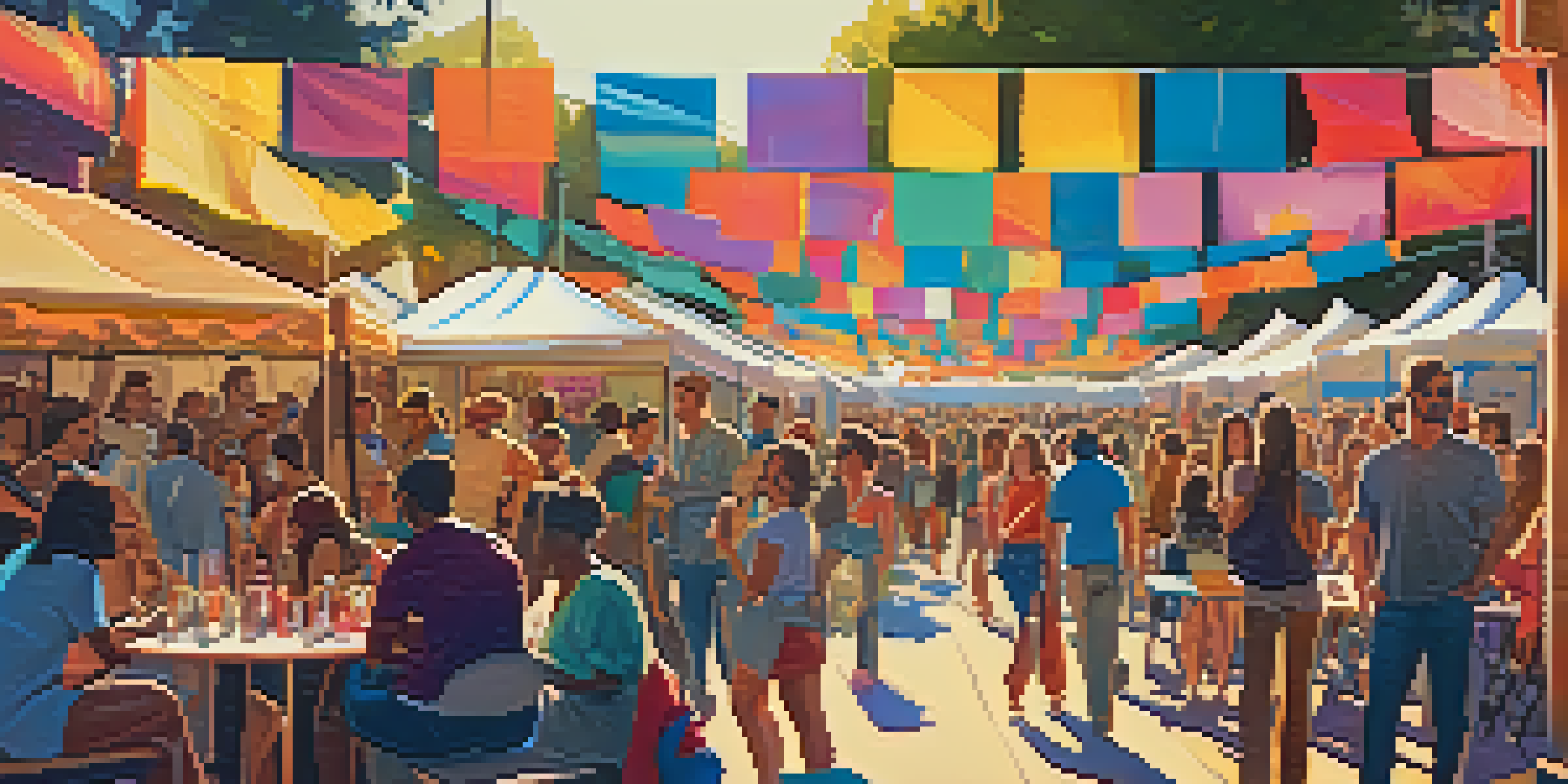 A lively film festival in Sacramento with filmmakers networking outdoors, colorful banners, and food stalls under warm sunlight.
