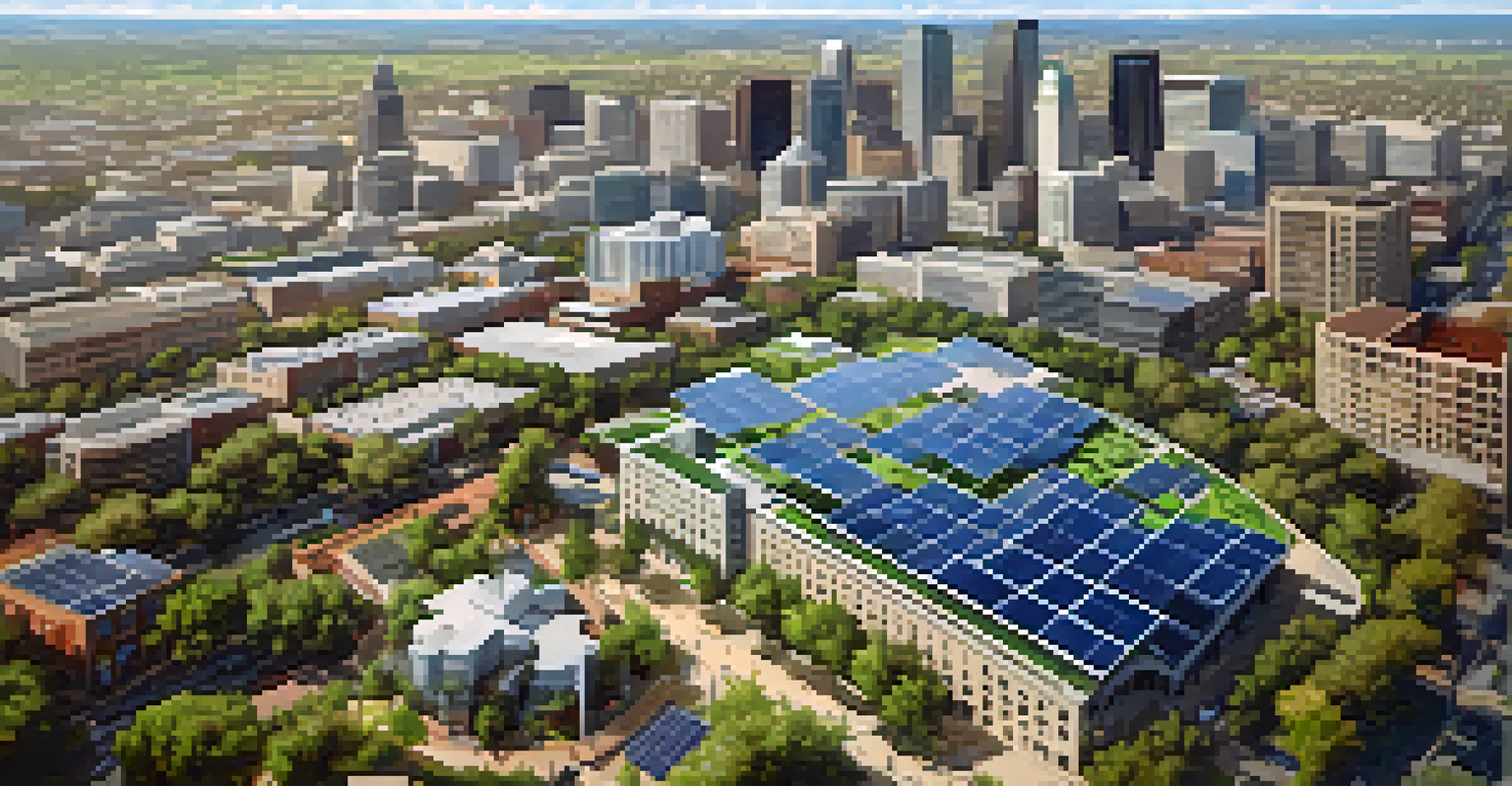 An aerial view of Sacramento's skyline featuring a community solar project, surrounded by greenery and parks under a clear sky.