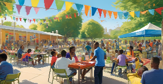A diverse group of residents engaging in a community meeting with blueprints for affordable housing in a sunny park, with children playing in the background.