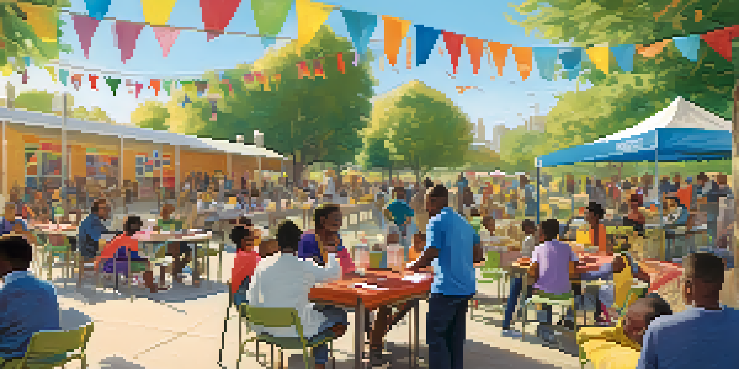 A diverse group of residents engaging in a community meeting with blueprints for affordable housing in a sunny park, with children playing in the background.