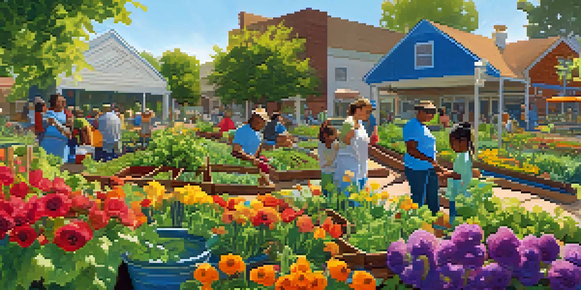 A diverse group of people working together in a community garden, planting vegetables and herbs under a sunny sky.