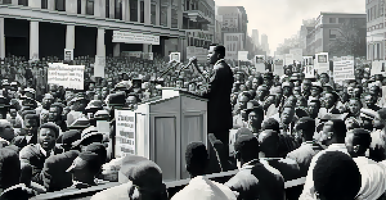A black-and-white photo of Dr. William E. McCoy addressing a crowd at a civil rights protest, showing his determined expression.