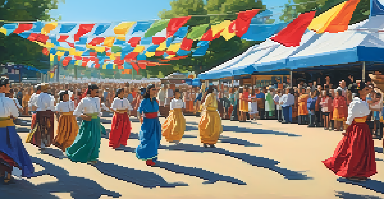 An outdoor cultural festival in Sacramento with performers in traditional attire on stage, an engaged audience, and colorful flags under a clear blue sky.